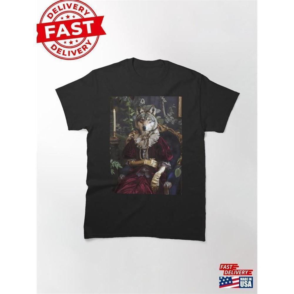 Grey Wolf Wearing Velvet Dress Funny Animal Cartoon Artwork Graphic T-Shirt